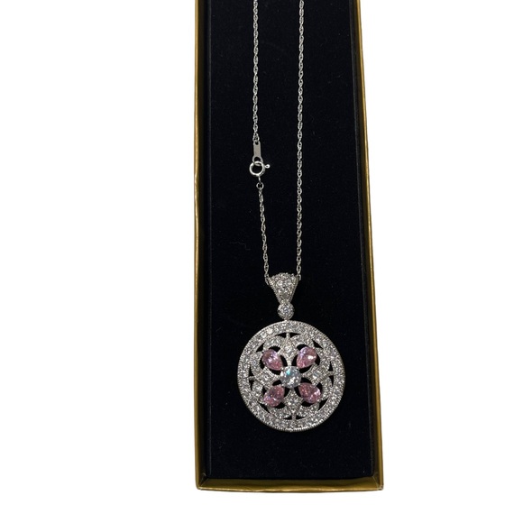 Sterling Silver Necklace Round Pendant Brilliant Diamond Pink Gem Embellished - Picture 4 of 12